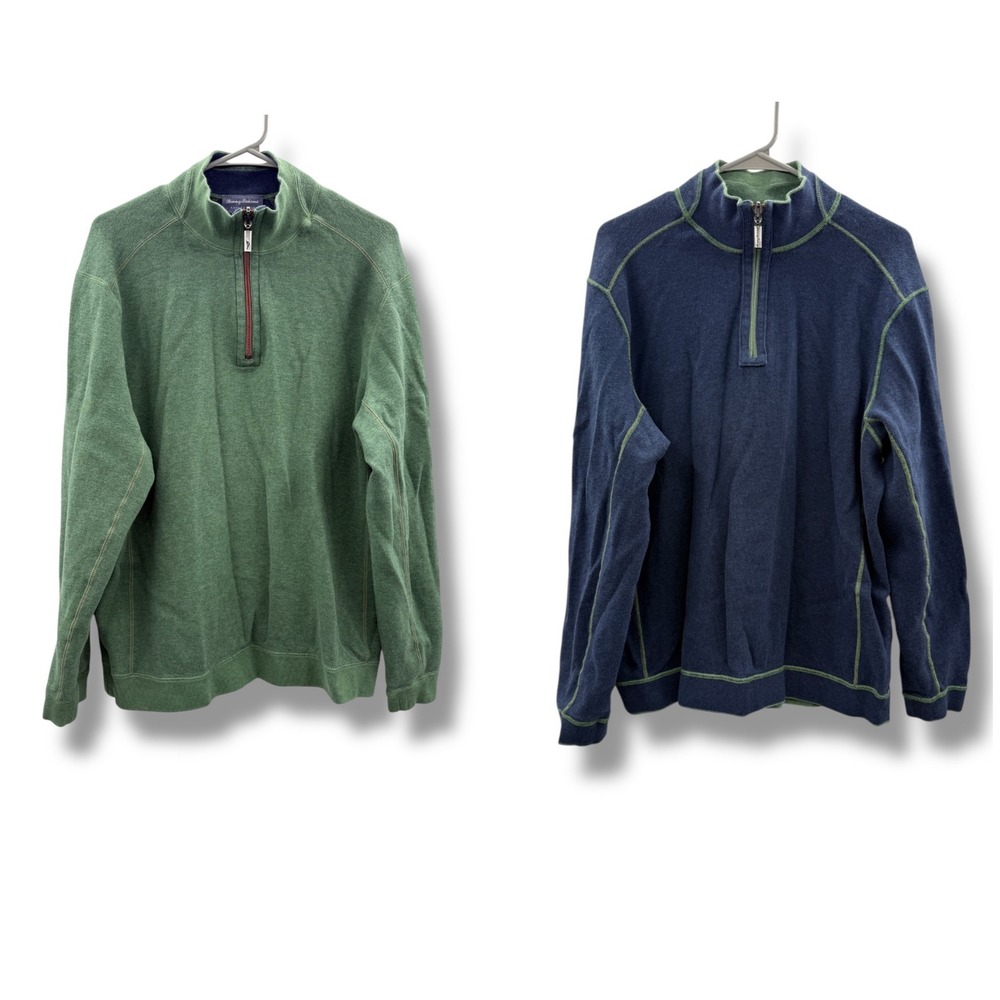 Tommy Bahama Reversible Quarter Zip Pullover Mens L Blue Green Cotton‎ Sweater